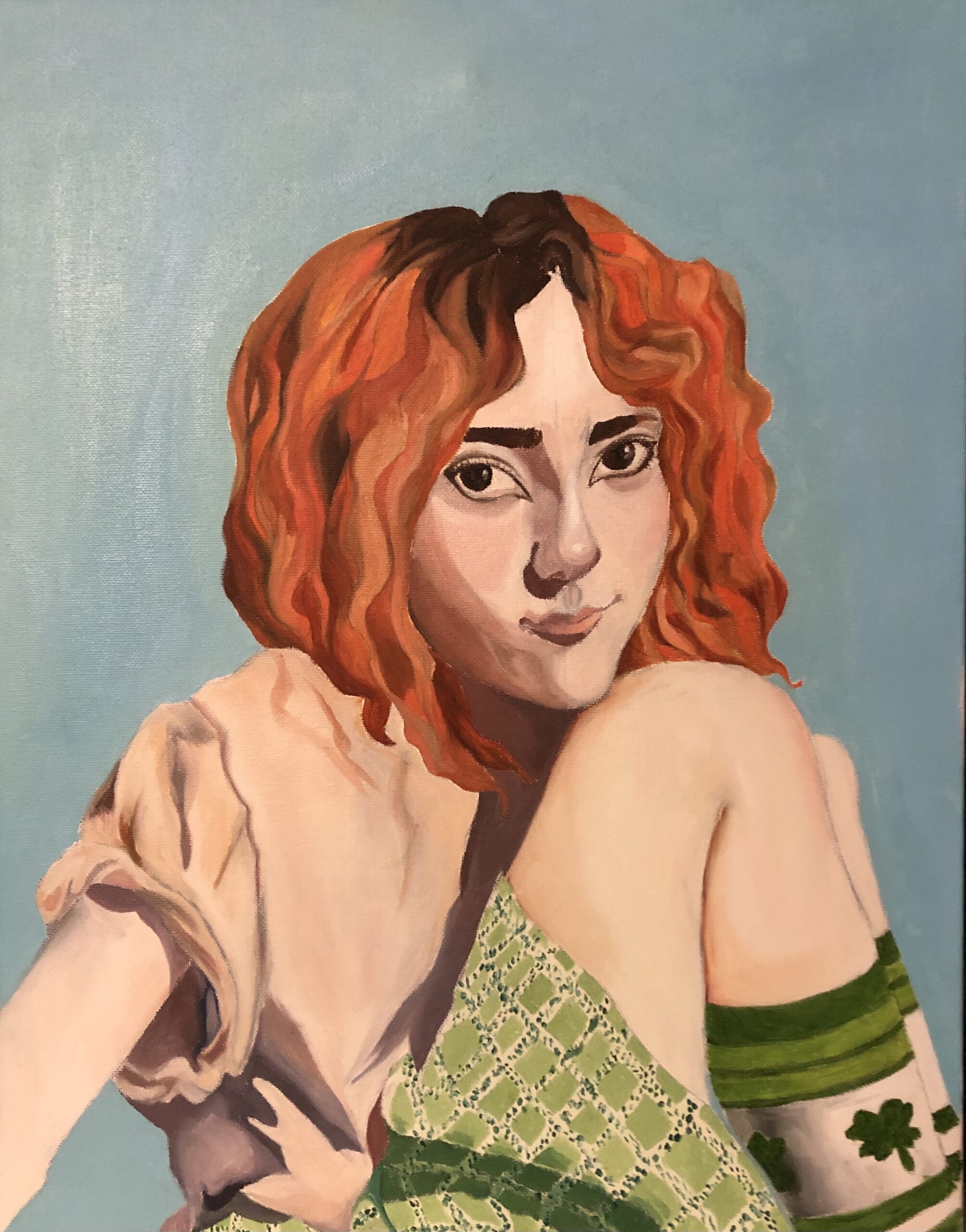 A painting of a white teenager with orange hair against a blue background